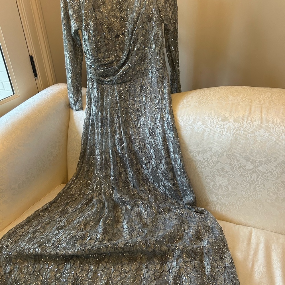 David Meister Silver Long Sleeve Lace Dress